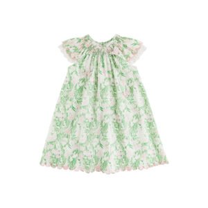 Flying Sleeves Cotton Green Floral Baby Girls Dress
